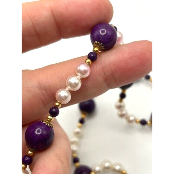 Amethyst? Purple Beaded Faux Pearl Necklace Gold Tone 30" Long - Picture 6 of 8